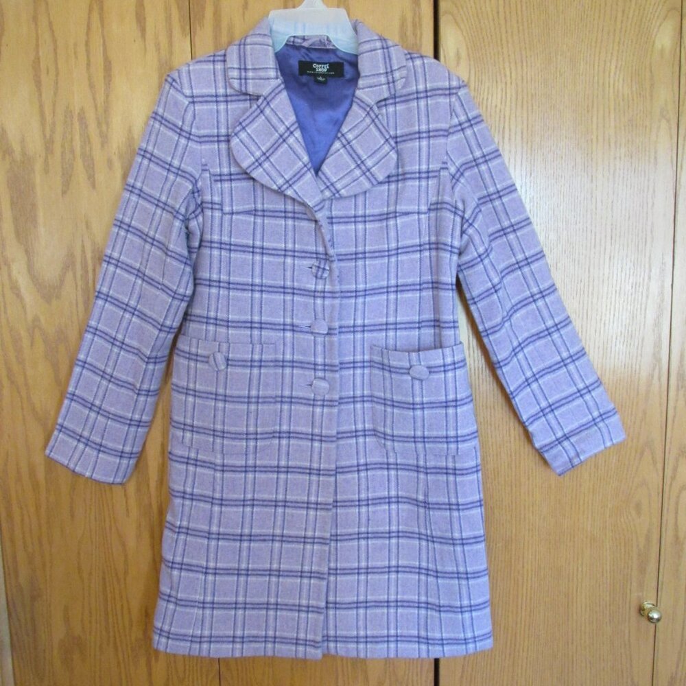COFFEE SHOP JUNIOR'S SZ L COAT LAVENDER & PURPLE WOOL PLAID TRENCH WINTER JACKET